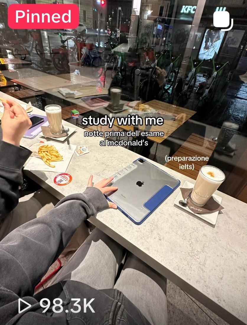 TikTok video frame: late-night study session at McDonald's before the IELTS exam