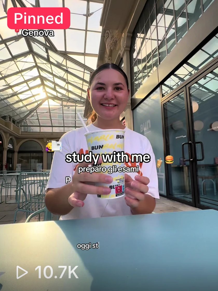 TikTok video frame: study-with-me at a café in Genova
