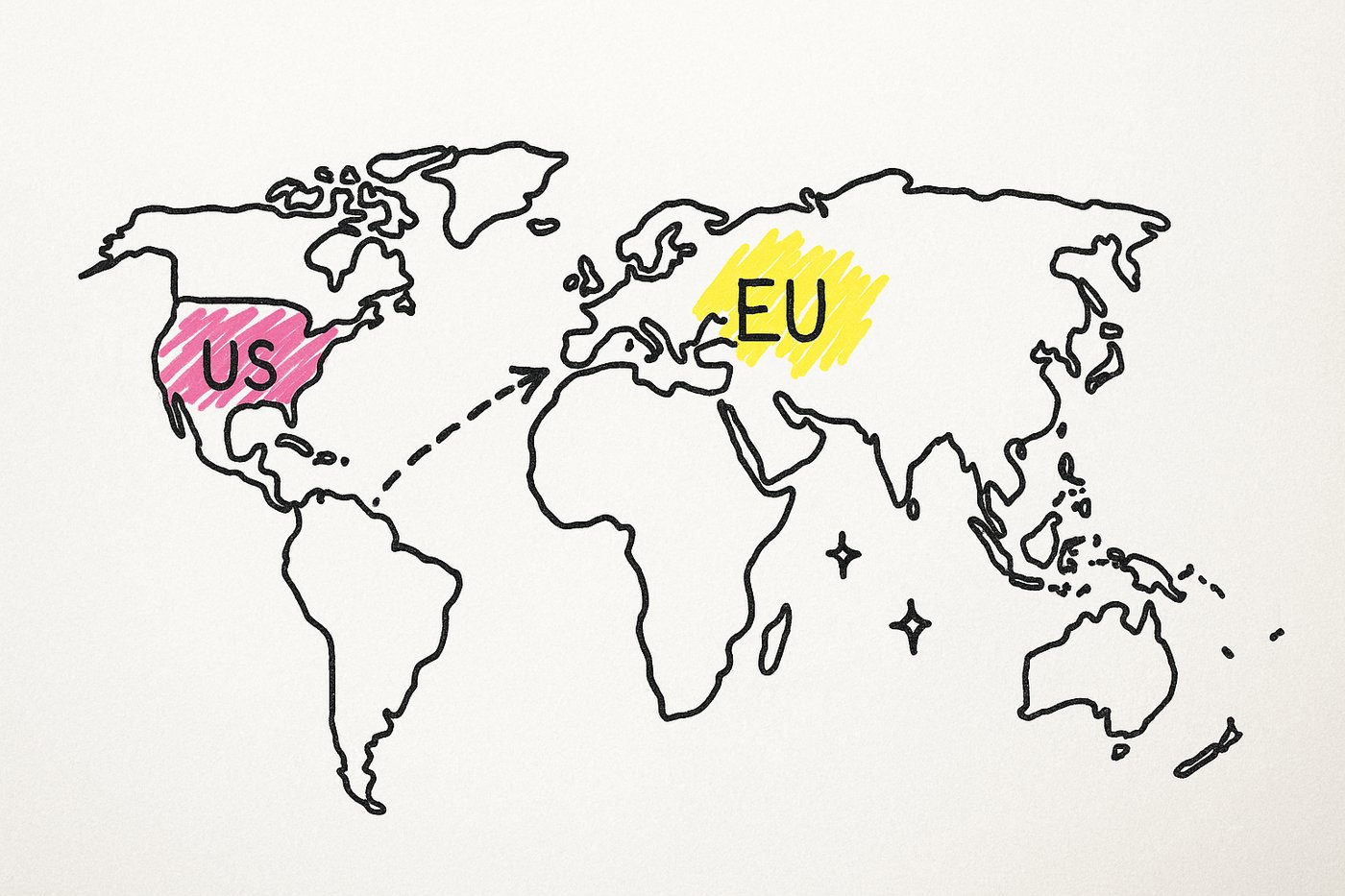 Hand-drawn world map — US highlighted pink, Europe highlighted yellow