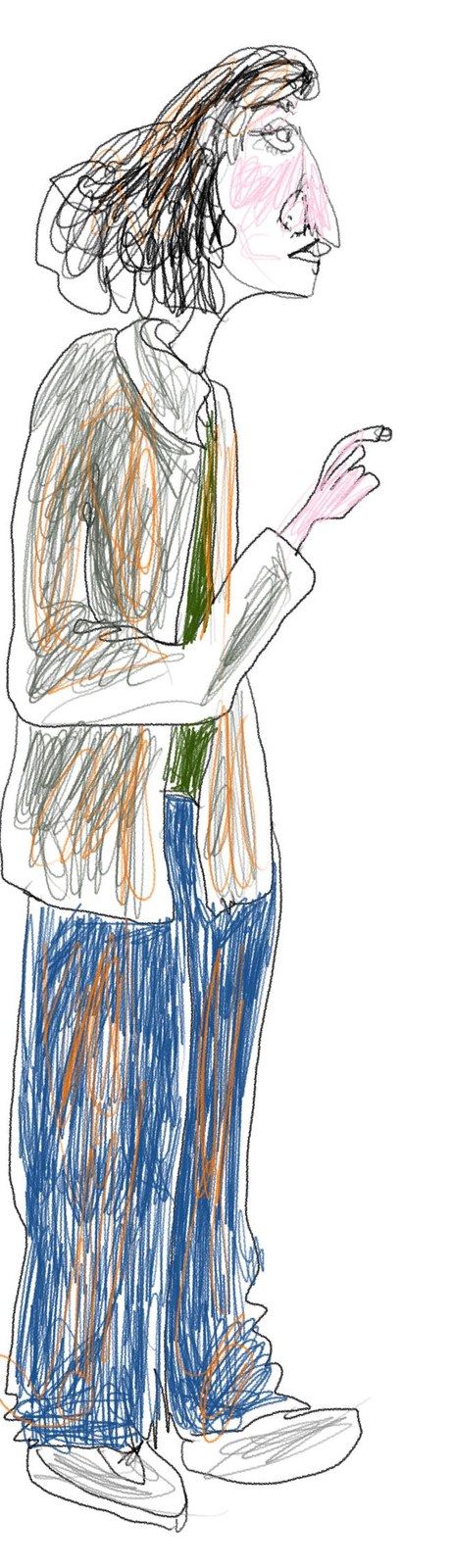 Scribbled colored-pencil drawing of a tall person in a beige cardigan and blue jeans, raising one finger mid-thought