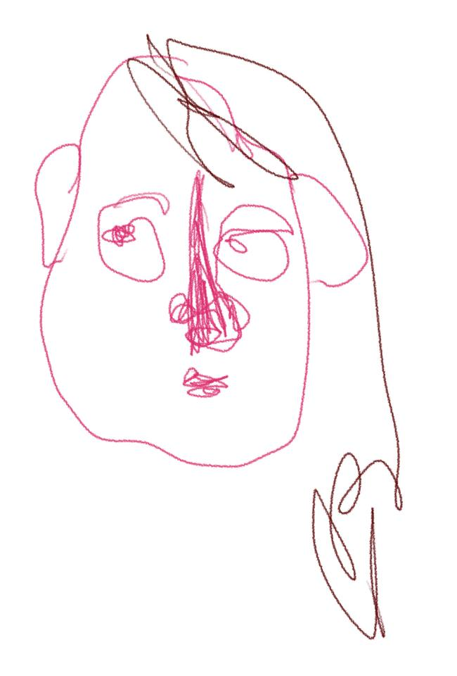 Loose pink one-line drawing of a calm face with long maroon hair